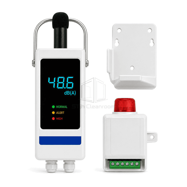 Front view of fixed noise sensor with blue status light and sound-level display