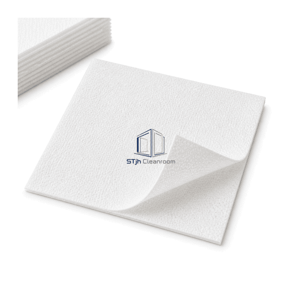 Close construction view showing the fine apertured face and clean-cut edge of a white nonwoven cleanroom wipe