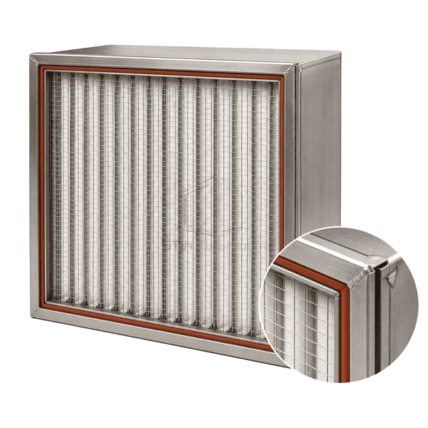 Close view of heavy-duty HEPA frame gasket potting and corner reinforcement