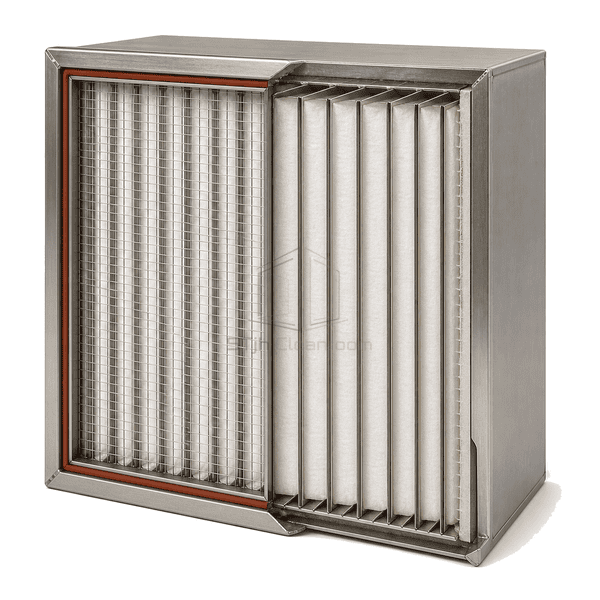 Side cutaway showing deep borosilicate media and aluminium separators