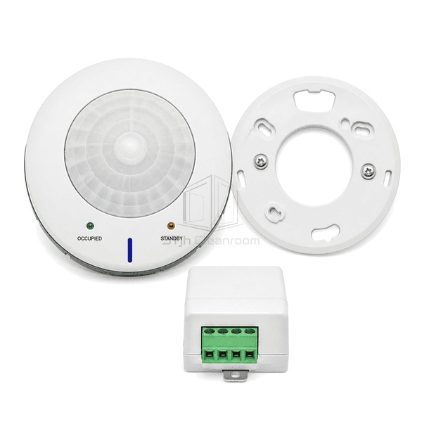 Front view of ceiling occupancy sensor showing circular PIR coverage lens