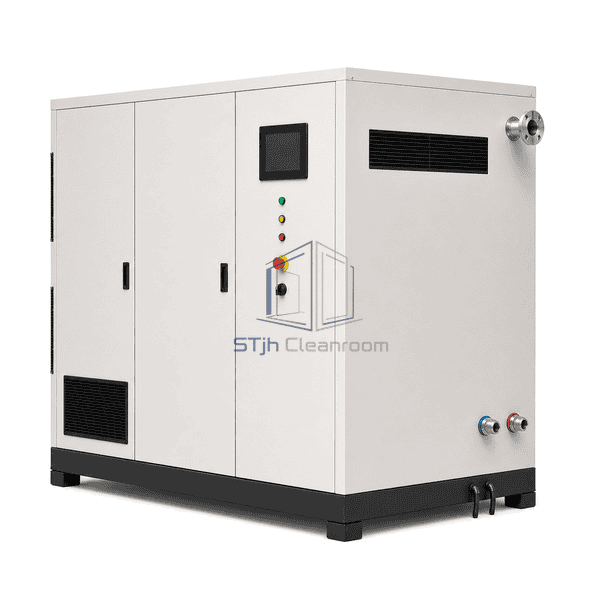 Oil-free air compressor complete rear three-quarter view emphasizing the air outlet and paired cooling-water connections