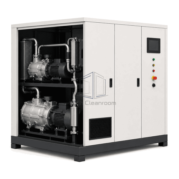 Oil-free air compressor complete side service view exposing the low-pressure and high-pressure screw stages and coolers