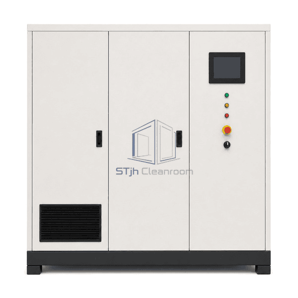 Oil-free air compressor front view with three service doors, lower intake grille, HMI, status lights and emergency stop