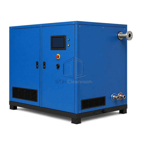 Oil-free screw compressor complete utility view with flanged air outlet and paired cooling-water connections
