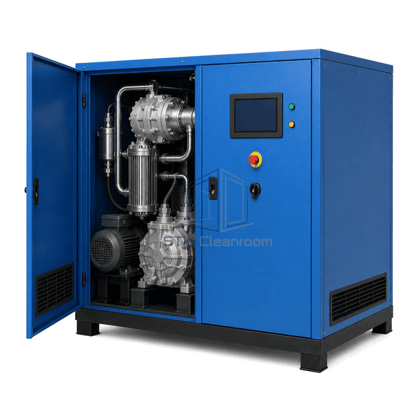 Oil-free screw compressor open service view exposing two dry screw stages, common drive and intercooler