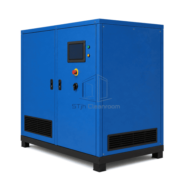 Compact oil-free screw compressor side profile showing the shallow cabinet, ventilation grille and four-foot base