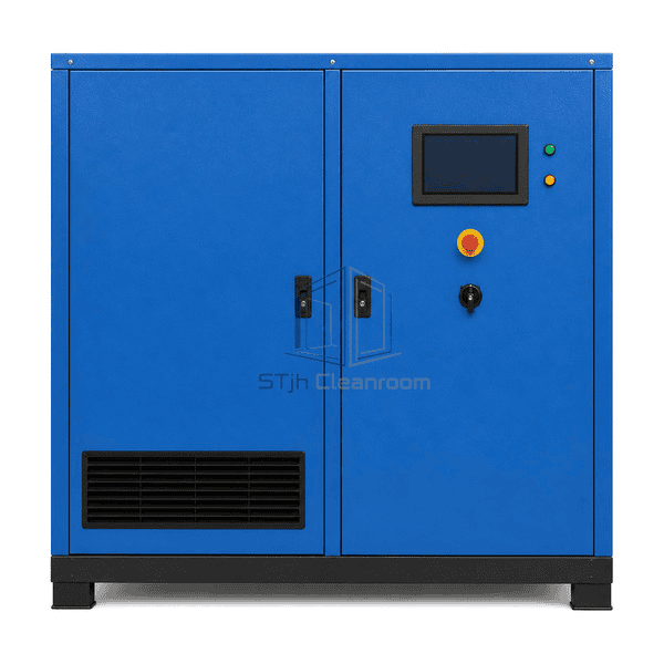 Oil-free screw compressor front view showing two service doors, HMI, status lamps and emergency stop
