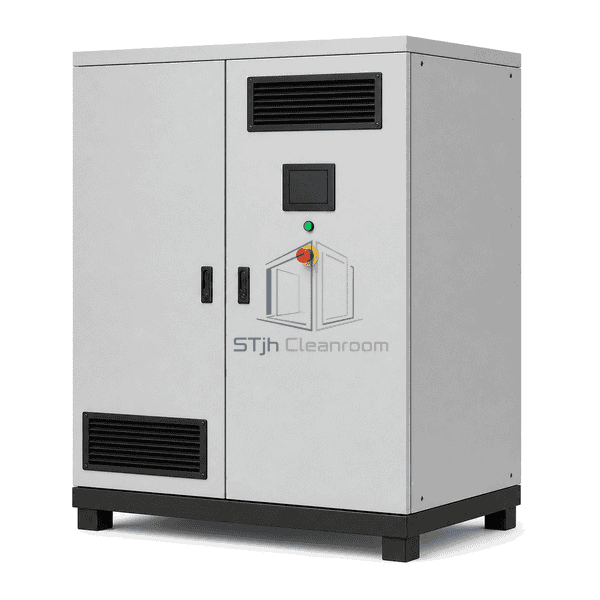 Oil-free scroll compressor complete side profile highlighting the narrow vertical cabinet, cooling grilles and fixed feet