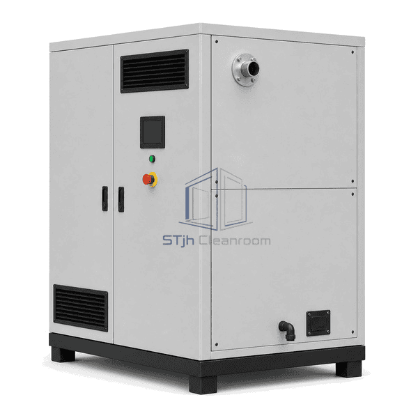 Oil-free scroll compressor rear three-quarter view emphasizing the single common compressed-air outlet and cable entry