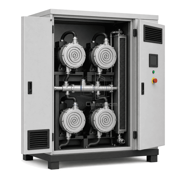 Oil-free scroll compressor open service view revealing four circular scroll air-end modules in a two-by-two arrangement