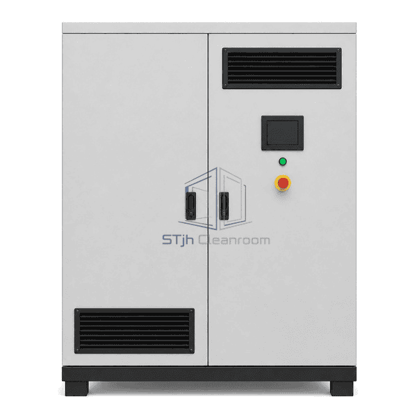 Oil-free scroll compressor front view showing two service doors, HMI, green status lamp, emergency stop and ventilation grilles