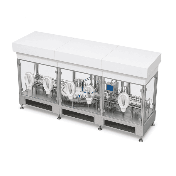 High-angle view along the modular barrier around the filling machine