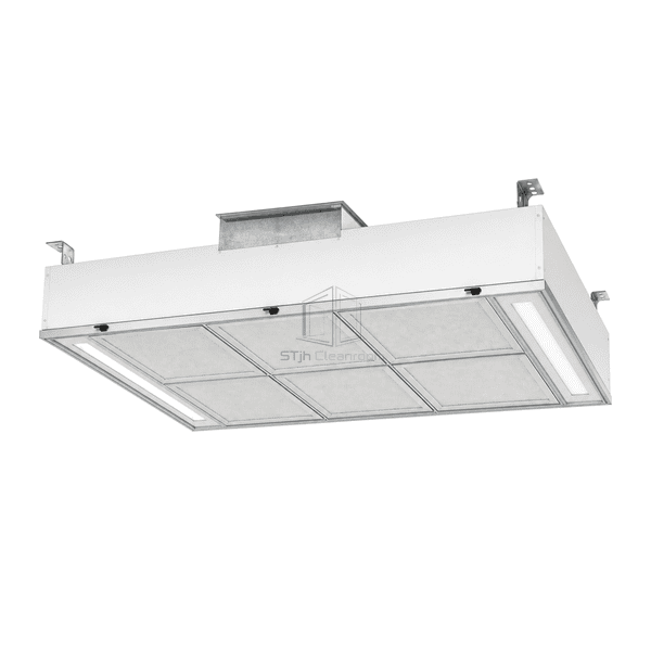 Complete laminar flow ceiling top-side view with rectangular air inlet and corner suspension brackets