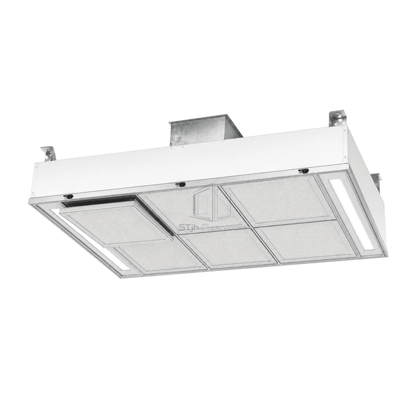 Operating room laminar flow ceiling with lowered diffuser panel showing the gasketed filter frame interface