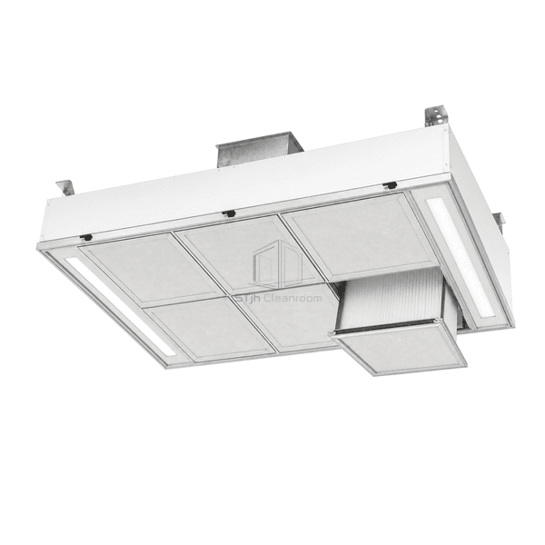Operating room laminar flow ceiling side service view with one HEPA filter module hinged open