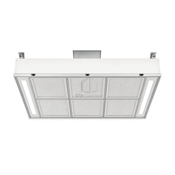 Front underside view of operating room laminar flow ceiling showing the six-module HEPA array