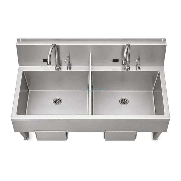 High-angle complete view of dual surgical scrub sink with two sloping basin floors and centered splash divider