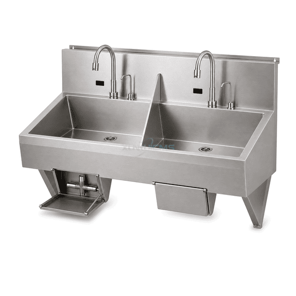 Complete surgical scrub sink with left knee panel open to show the hinged valve and control linkage interface