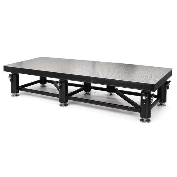 Extra-long optical vibration isolation table with six pneumatic isolator legs