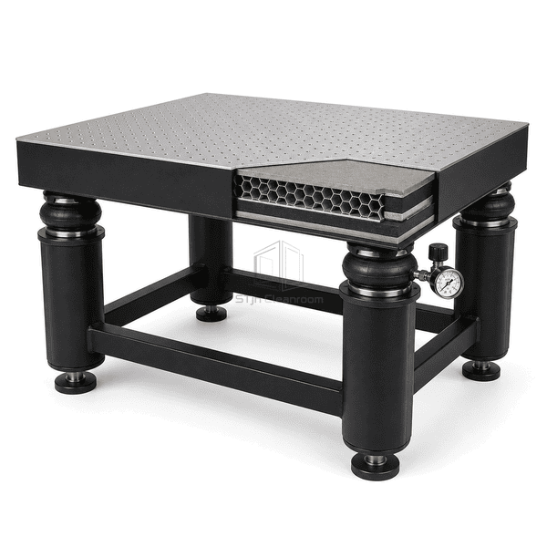 Complete optical vibration isolation table with cutaway honeycomb core and leveling interface