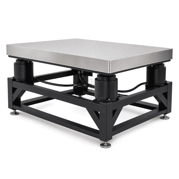 Optical vibration isolation table side view with thick honeycomb top and air supports
