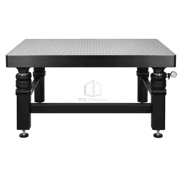 Optical vibration isolation table full front view showing mounting grid and isolators