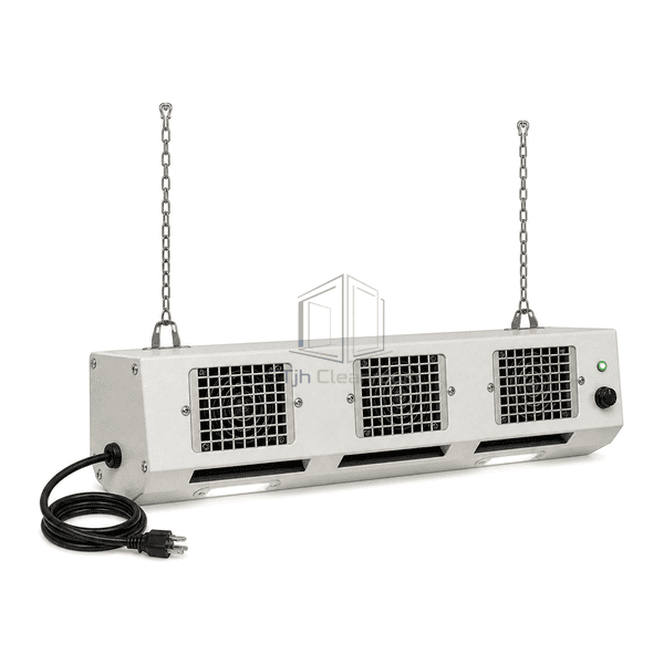 Rear view of three-fan overhead ionizer with safety grilles emitter regions and power connection