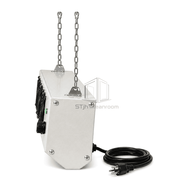 Right end profile of overhead ionizer showing enclosure depth chain brackets screws and cable entry