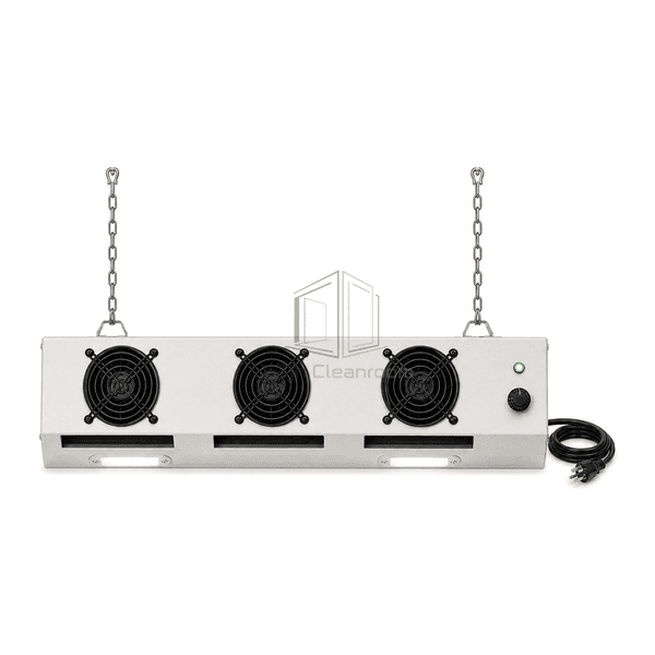 Front view of three-fan overhead ESD ionizer with three outlets and two work lights