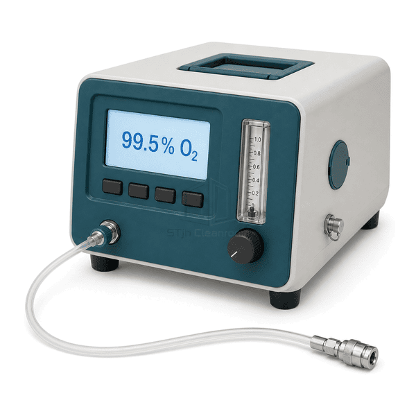 Oxygen purity analyzer horizontal complete-kit view with the full benchtop unit, transparent sample tube and stainless quick coupler
