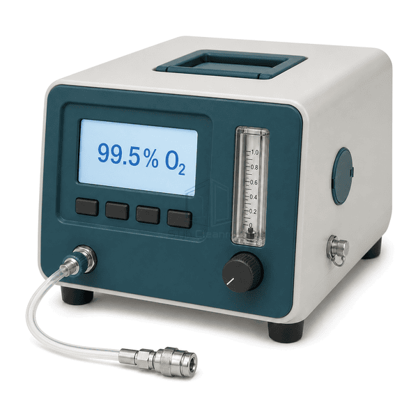 Oxygen purity analyzer sample-inlet-interface view showing the single quick connection, flow-control knob, flowmeter and calibration access
