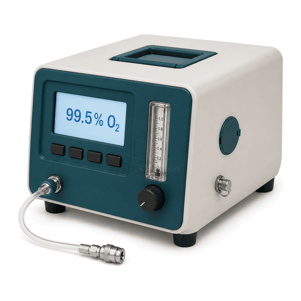 Oxygen purity analyzer side view showing the warm-white and teal enclosure, folding handle, four feet and sensor-service cover