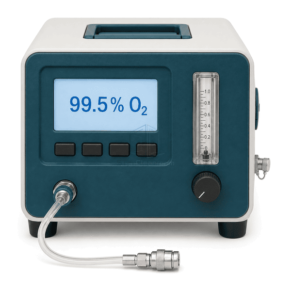 Oxygen purity analyzer front view showing the percent-oxygen LCD, four-button row, flow indicator, adjustment knob and sample inlet