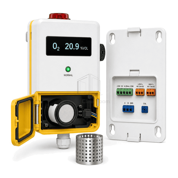 Lower rear three-quarter view of the entire oxygen detector with replaceable diffusion cell, sealed cable gland and alarm terminals clearly exposed