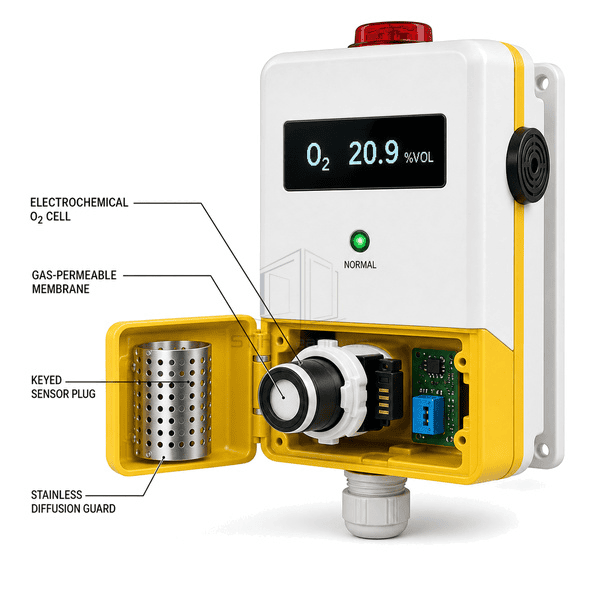 Side view showing replaceable electrochemical oxygen cell and protective guard