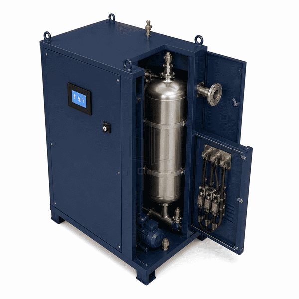 High rear service view of the electric hot-water boiler