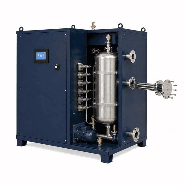 Electric boiler with immersion heater flange partly withdrawn