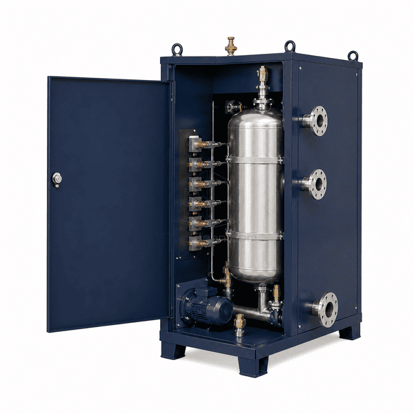 Electric boiler with service door open to show the vessel