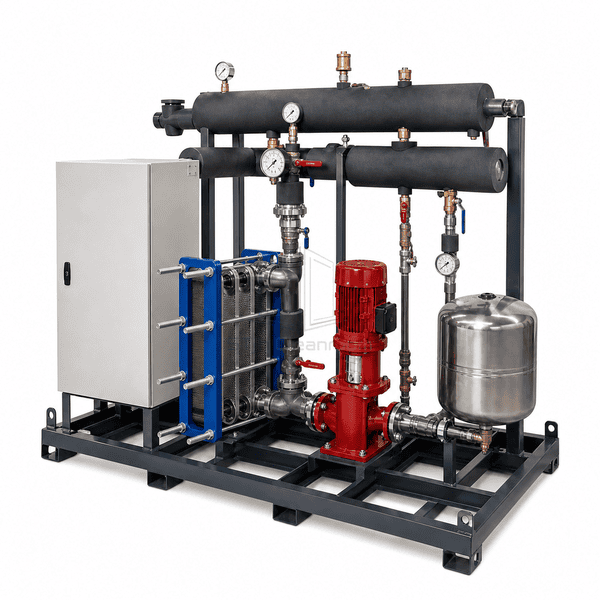 Hot-water unit with plate heat exchanger opened for service