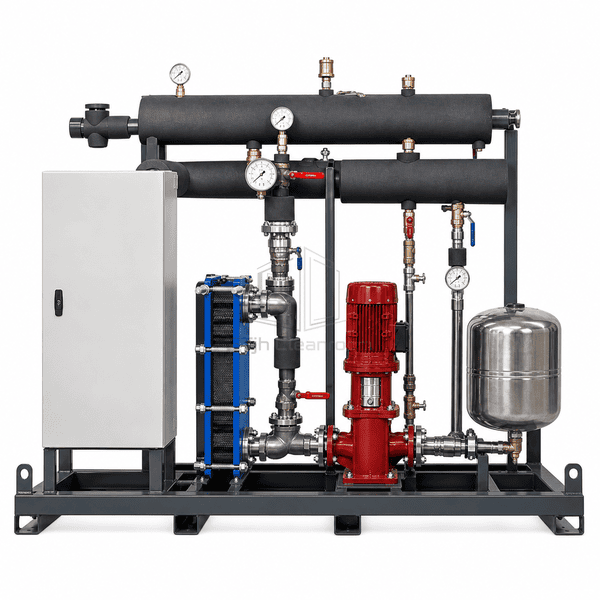 Side elevation of the same hydronic heating unit