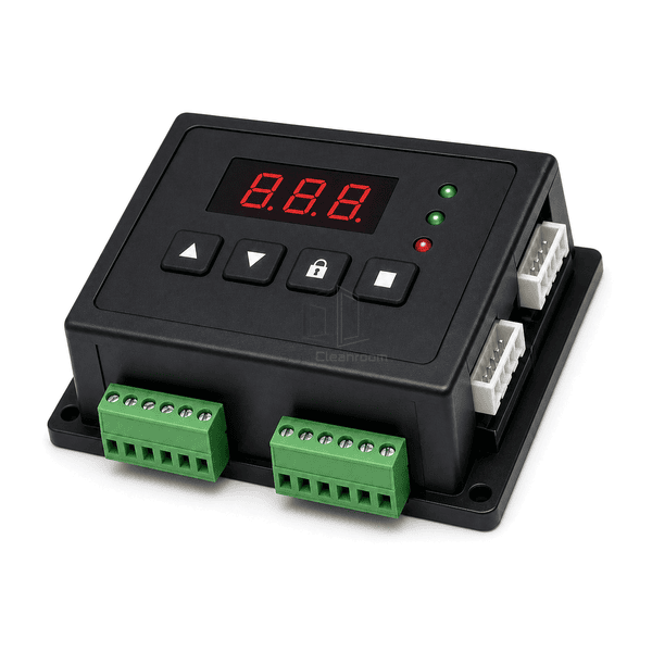 Interface-focused view of pass box controller screw terminals and multi-pin plugs