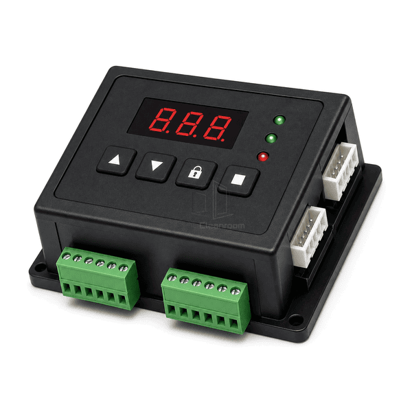 Side-depth view of the pass box controller enclosure and keyed connectors