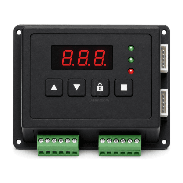 Straight front view of the pass box interlock controller display buttons and status LEDs