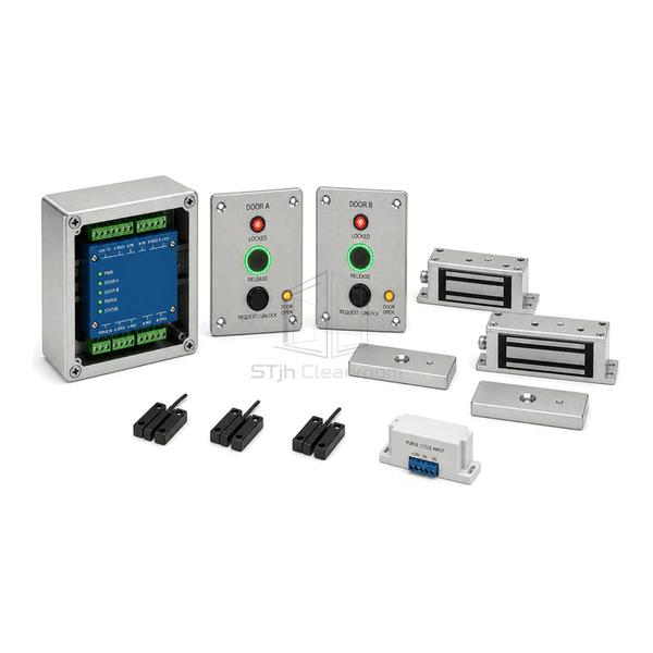 Horizontal layout of paired pass box door stations, controller and locking hardware