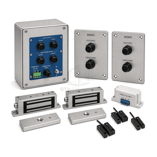 Rear three-quarter view of the entire pass box interlock kit with paired lock plugs, door-contact sockets and purge-cycle input clearly exposed