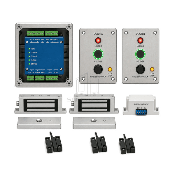 Front view of pass box interlock indicator plates showing green and red door states