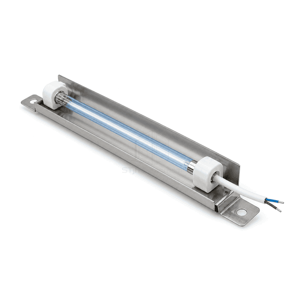 Oblique service view of the UV lamp socket, cable exit and mounting ear