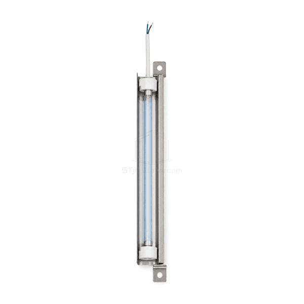 Side-depth view showing the pass box UV lamp trough and tube stand-off