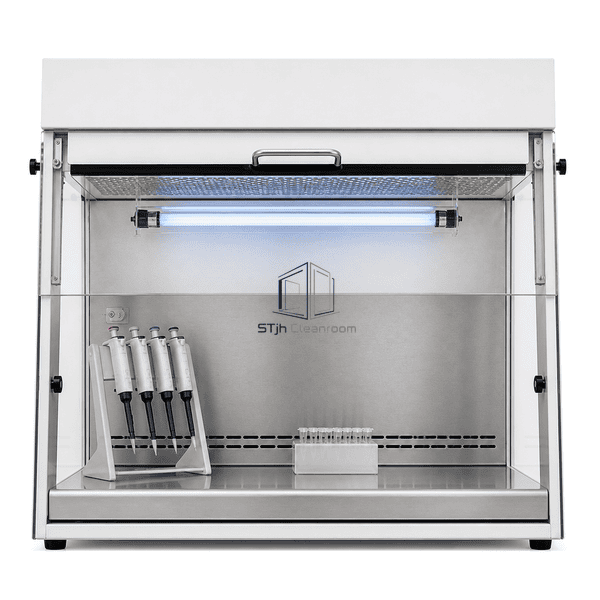 Front view of the clean PCR setup area and pipette racks